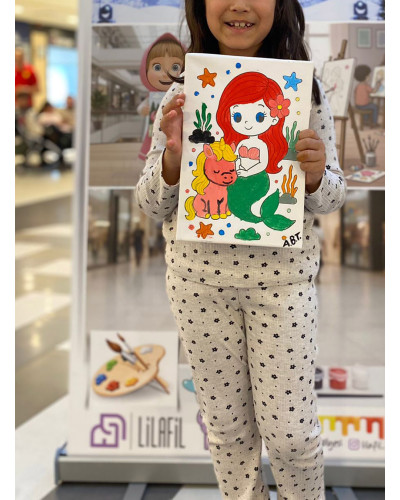 Mermaid & Unicorn Ressam Seti - 20 x 30 cm Önçizimli Tuval, 2 Adet Fırça, Palet, Boyalar ve Şövale