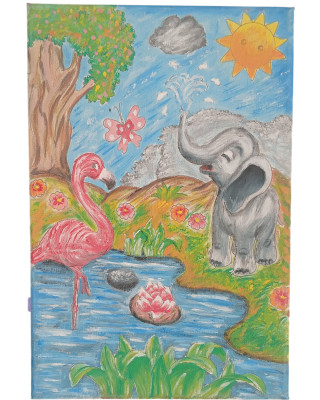 FİL & FLAMİNGO Minik Ressam Seti - 20 x 30 cm Önçizimli Tuval, 2 Adet Fırça, Palet ve Boya