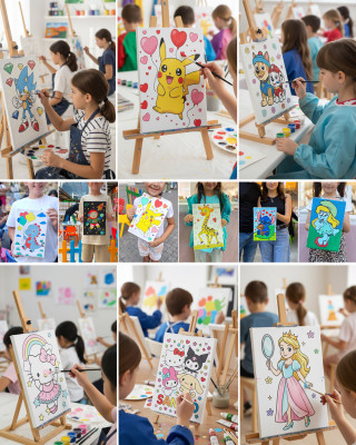 AHTOPOT Minik Ressam Seti - 20 x 30 cm Önçizimli Tuval, 2 Adet Fırça, Palet ve Boya