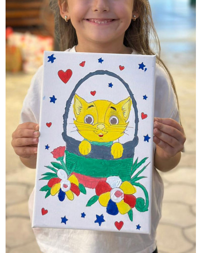 Sepetteki Kedi Çocuk Ressam Seti - 20 x 30 cm Tuval, 2 Adet Fırça, Palet, Boyalar ve Şövale Sepetteki Kedi Çocuk Ressam Seti - 20 x 30 cm Tuval, 2 Adet Fırça, Palet, Boyalar ve Şövale