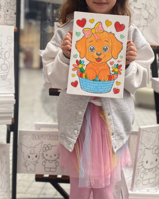 Sepetteki Köpek Ressam Seti - 20 x 30 cm Önçizimli Tuval, 2 Adet Fırça, Palet, Boyalar ve Şövale