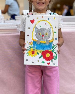 SEPETTEKİ KEDİ Minik Ressam Seti - 20 x 30 cm Önçizimli Tuval, 2 Adet Fırça, Palet ve Boya