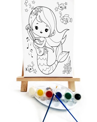 Gitarist Deniz Kızı Çocuk Ressam Seti - 20 x 30 cm Tuval, 2 Adet Fırça, Palet, Boyalar ve Şövale