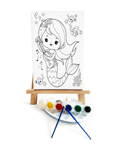 Gitarist Deniz Kızı Çocuk Ressam Seti - 20 x 30 cm Tuval, 2 Adet Fırça, Palet, Boyalar ve Şövale