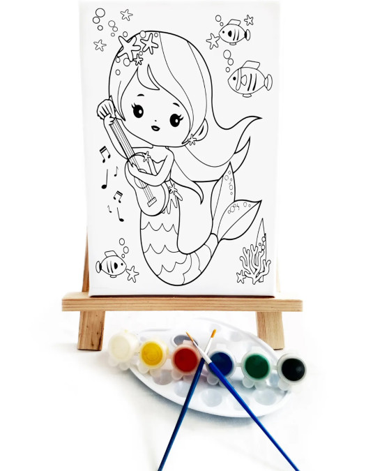 Gitarist Deniz Kızı Çocuk Ressam Seti - 20 x 30 cm Tuval, 2 Adet Fırça, Palet, Boyalar ve Şövale