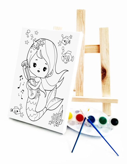Gitarist Deniz Kızı Çocuk Ressam Seti - 20 x 30 cm Tuval, 2 Adet Fırça, Palet, Boyalar ve Şövale