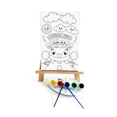 Okul Otobüsü Çocuk Ressam Seti - 20 x 30 cm Tuval, 2 Adet Fırça, Palet, Boyalar ve Şövale