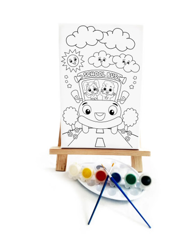 Okul Otobüsü Çocuk Ressam Seti - 20 x 30 cm Tuval, 2 Adet Fırça, Palet, Boyalar ve Şövale