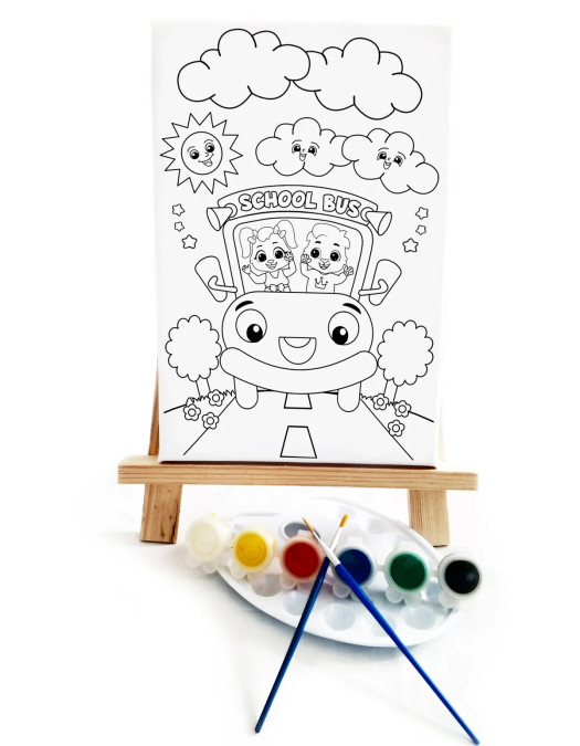 Okul Otobüsü Çocuk Ressam Seti - 20 x 30 cm Tuval, 2 Adet Fırça, Palet, Boyalar ve Şövale Okul Otobüsü Çocuk Ressam Seti - 20 x 30 cm Tuval, 2 Adet Fırça, Palet, Boyalar ve Şövale