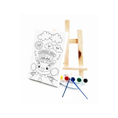 Okul Otobüsü Çocuk Ressam Seti - 20 x 30 cm Tuval, 2 Adet Fırça, Palet, Boyalar ve Şövale