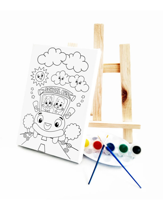 Okul Otobüsü Çocuk Ressam Seti - 20 x 30 cm Tuval, 2 Adet Fırça, Palet, Boyalar ve Şövale Okul Otobüsü Çocuk Ressam Seti - 20 x 30 cm Tuval, 2 Adet Fırça, Palet, Boyalar ve Şövale