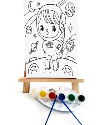 Minik Astronot Çocuk Ressam Seti - 20 x 30 cm Önçizimli Tuval, 2 Adt Fırça, Palet, Boyalar ve Şövale
