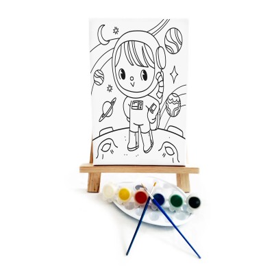 Minik Astronot Çocuk Ressam Seti - 20 x 30 cm Önçizimli Tuval, 2 Adt Fırça, Palet, Boyalar ve Şövale