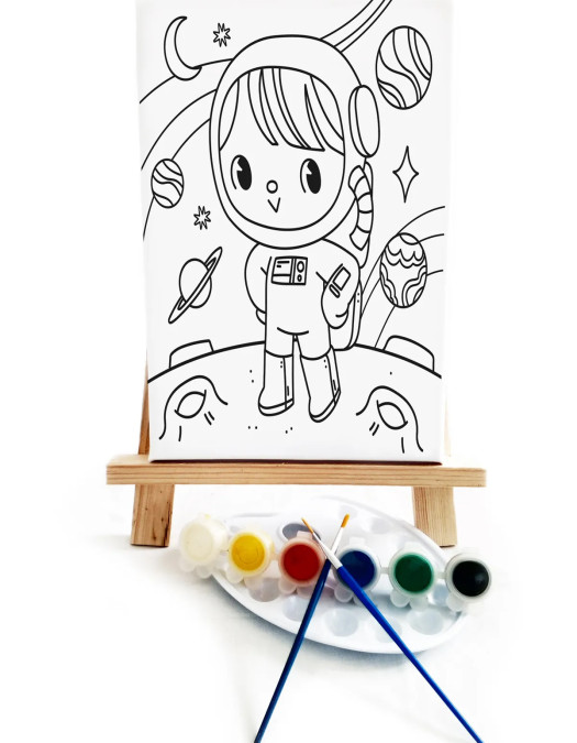 Minik Astronot Çocuk Ressam Seti - 20 x 30 cm Önçizimli Tuval, 2 Adt Fırça, Palet, Boyalar ve Şövale Minik Astronot Çocuk Ressam Seti - 20 x 30 cm Önçizimli Tuval, 2 Adt Fırça, Palet, Boyalar ve Şövale