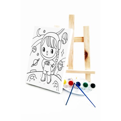 Minik Astronot Çocuk Ressam Seti - 20 x 30 cm Önçizimli Tuval, 2 Adt Fırça, Palet, Boyalar ve Şövale