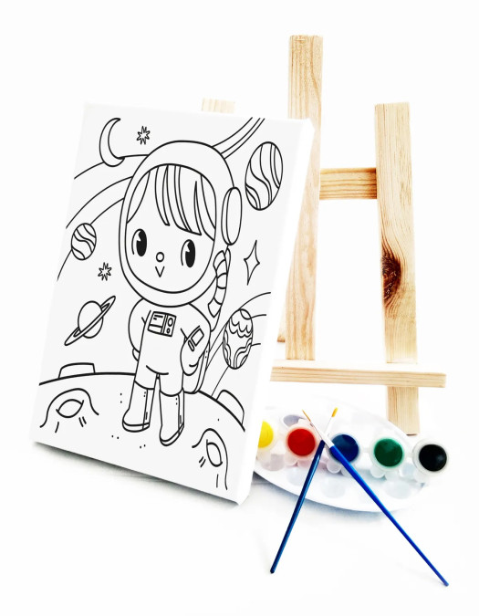 Minik Astronot Çocuk Ressam Seti - 20 x 30 cm Önçizimli Tuval, 2 Adt Fırça, Palet, Boyalar ve Şövale Minik Astronot Çocuk Ressam Seti - 20 x 30 cm Önçizimli Tuval, 2 Adt Fırça, Palet, Boyalar ve Şövale