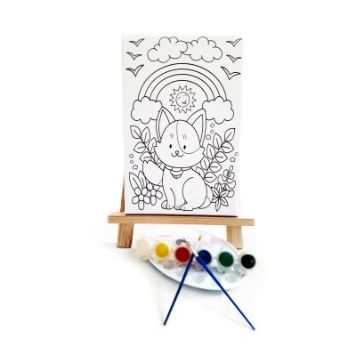 Maskeli Kedi Çocuk Ressam Seti - 20 x 30 cm Tuval, 2 Adet Fırça, Palet, Boyalar ve Şövale