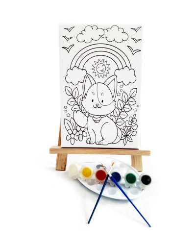 Maskeli Kedi Çocuk Ressam Seti - 20 x 30 cm Tuval, 2 Adet Fırça, Palet, Boyalar ve Şövale