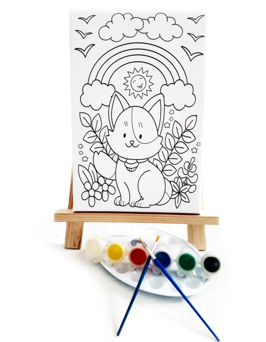 Maskeli Kedi Çocuk Ressam Seti - 20 x 30 cm Tuval, 2 Adet Fırça, Palet, Boyalar ve Şövale Maskeli Kedi Çocuk Ressam Seti - 20 x 30 cm Tuval, 2 Adet Fırça, Palet, Boyalar ve Şövale