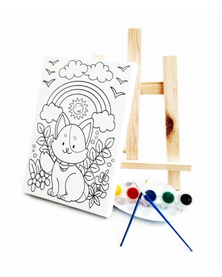 Maskeli Kedi Çocuk Ressam Seti - 20 x 30 cm Tuval, 2 Adet Fırça, Palet, Boyalar ve Şövale