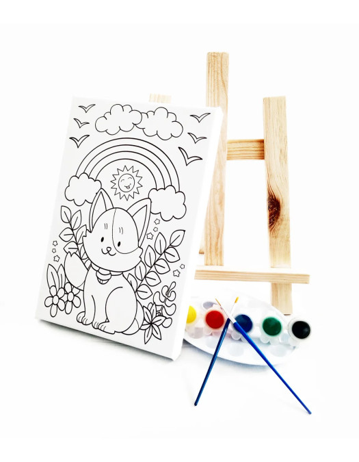 Maskeli Kedi Çocuk Ressam Seti - 20 x 30 cm Tuval, 2 Adet Fırça, Palet, Boyalar ve Şövale Maskeli Kedi Çocuk Ressam Seti - 20 x 30 cm Tuval, 2 Adet Fırça, Palet, Boyalar ve Şövale