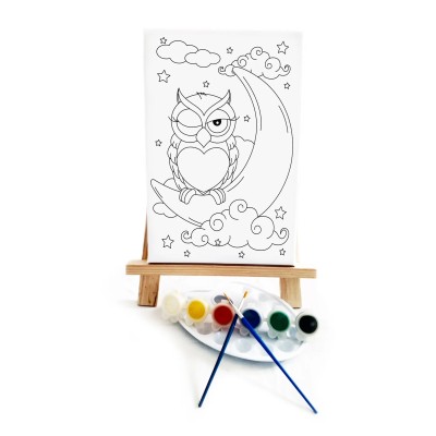 Uykucu Baykuş Çocuk Ressam Seti - 20 x 30 cm Tuval, 2 Adet Fırça, Palet, Boyalar ve Şövale