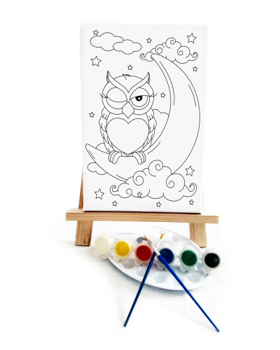 Uykucu Baykuş Çocuk Ressam Seti - 20 x 30 cm Tuval, 2 Adet Fırça, Palet, Boyalar ve Şövale