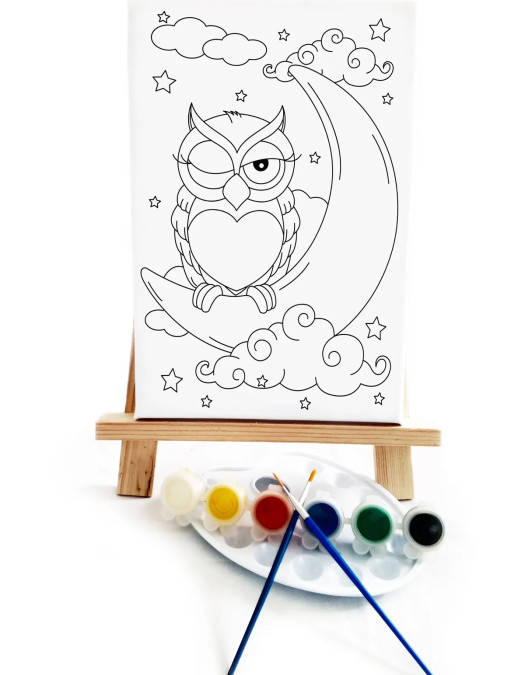 Uykucu Baykuş Çocuk Ressam Seti - 20 x 30 cm Tuval, 2 Adet Fırça, Palet, Boyalar ve Şövale Uykucu Baykuş Çocuk Ressam Seti - 20 x 30 cm Tuval, 2 Adet Fırça, Palet, Boyalar ve Şövale
