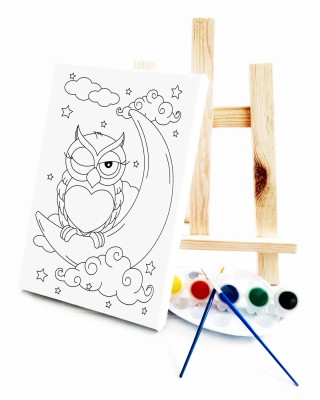 Uykucu Baykuş Çocuk Ressam Seti - 20 x 30 cm Tuval, 2 Adet Fırça, Palet, Boyalar ve Şövale