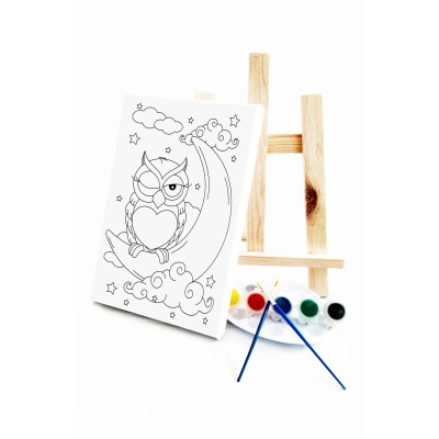 Uykucu Baykuş Çocuk Ressam Seti - 20 x 30 cm Tuval, 2 Adet Fırça, Palet, Boyalar ve Şövale