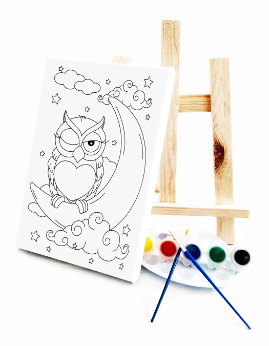 Uykucu Baykuş Çocuk Ressam Seti - 20 x 30 cm Tuval, 2 Adet Fırça, Palet, Boyalar ve Şövale Uykucu Baykuş Çocuk Ressam Seti - 20 x 30 cm Tuval, 2 Adet Fırça, Palet, Boyalar ve Şövale