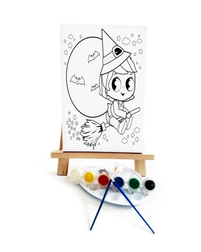 Minik Cadı Çocuk Ressam Seti - 20 x 30 cm Tuval, 2 Adet Fırça, Palet, Boyalar ve Şövale
