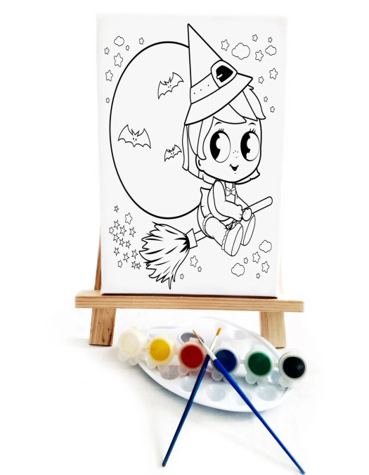 Minik Cadı Çocuk Ressam Seti - 20 x 30 cm Tuval, 2 Adet Fırça, Palet, Boyalar ve Şövale Minik Cadı Çocuk Ressam Seti - 20 x 30 cm Tuval, 2 Adet Fırça, Palet, Boyalar ve Şövale