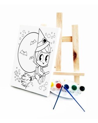 Minik Cadı Çocuk Ressam Seti - 20 x 30 cm Tuval, 2 Adet Fırça, Palet, Boyalar ve Şövale