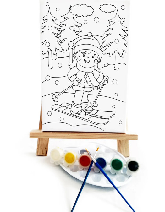 Kayakçı Kız  Çocuk Ressam Seti - 20 x 30 cm Tuval, 2 Adet Fırça, Palet, Boyalar ve Şövale