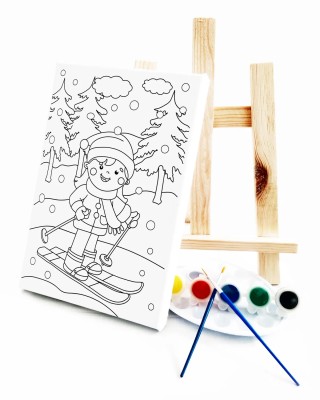 Kayakçı Kız  Çocuk Ressam Seti - 20 x 30 cm Tuval, 2 Adet Fırça, Palet, Boyalar ve Şövale