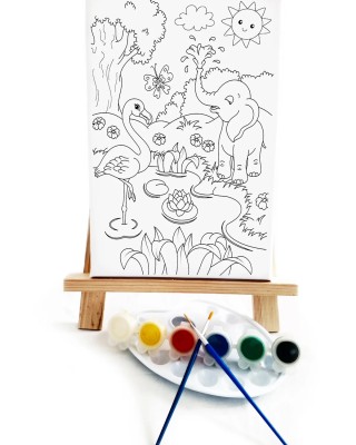 Fil & Flamingo Çocuk Ressam Seti - 20 x 30 cm Tuval, 2 Adet Fırça, Palet, Boyalar ve Şövale