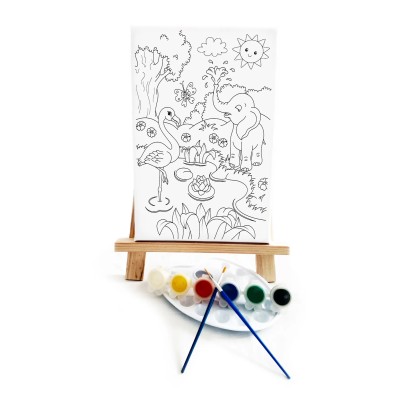 Fil & Flamingo Çocuk Ressam Seti - 20 x 30 cm Tuval, 2 Adet Fırça, Palet, Boyalar ve Şövale