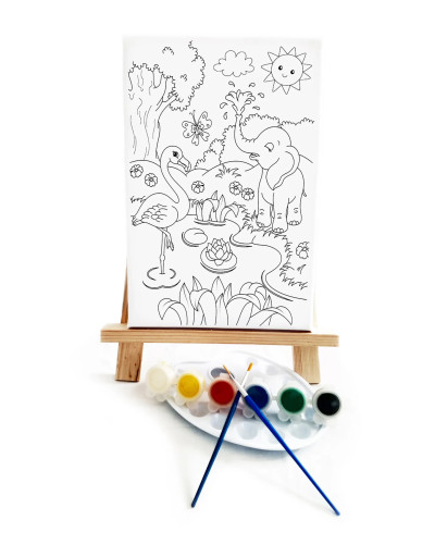 Fil & Flamingo Çocuk Ressam Seti - 20 x 30 cm Tuval, 2 Adet Fırça, Palet, Boyalar ve Şövale