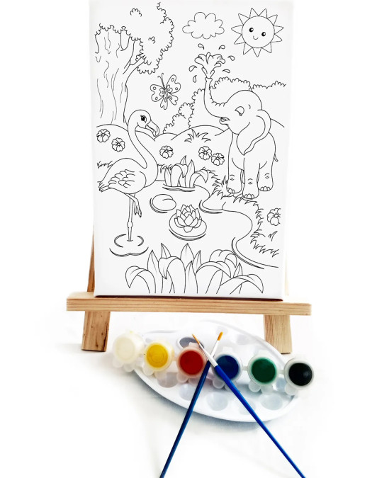 Fil & Flamingo Çocuk Ressam Seti - 20 x 30 cm Tuval, 2 Adet Fırça, Palet, Boyalar ve Şövale