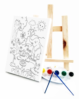 Fil & Flamingo Çocuk Ressam Seti - 20 x 30 cm Tuval, 2 Adet Fırça, Palet, Boyalar ve Şövale