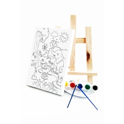 Fil & Flamingo Çocuk Ressam Seti - 20 x 30 cm Tuval, 2 Adet Fırça, Palet, Boyalar ve Şövale