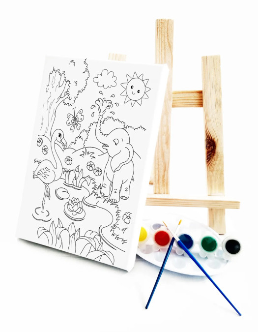 Fil & Flamingo Çocuk Ressam Seti - 20 x 30 cm Tuval, 2 Adet Fırça, Palet, Boyalar ve Şövale