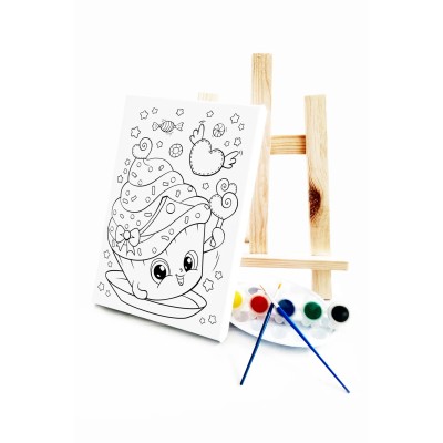 Renkli Pasta Çocuk Ressam Seti - 20 x 30 cm Tuval, 2 Adet Fırça, Palet, Boyalar ve Şövale