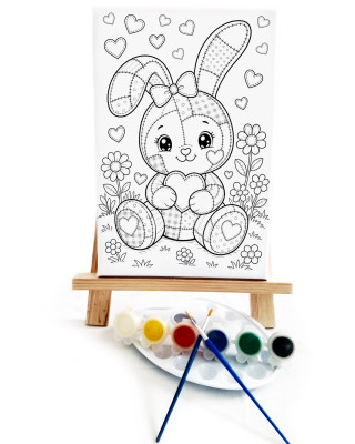 Yamalı Tavşan Çocuk Ressam Seti - Önçizimli Tuval, 2 Adet Fırça, Palet, Boyalar ve Şövale