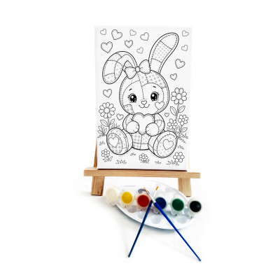 Yamalı Tavşan Çocuk Ressam Seti - Önçizimli Tuval, 2 Adet Fırça, Palet, Boyalar ve Şövale