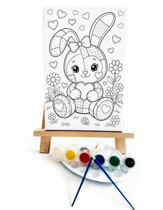 Yamalı Tavşan Çocuk Ressam Seti - Önçizimli Tuval, 2 Adet Fırça, Palet, Boyalar ve Şövale Yamalı Tavşan Çocuk Ressam Seti - Önçizimli Tuval, 2 Adet Fırça, Palet, Boyalar ve Şövale