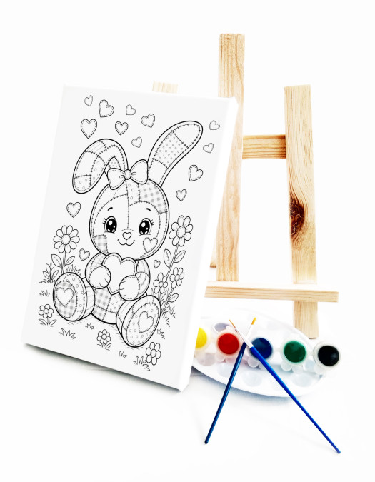 Yamalı Tavşan Çocuk Ressam Seti - Önçizimli Tuval, 2 Adet Fırça, Palet, Boyalar ve Şövale Yamalı Tavşan Çocuk Ressam Seti - Önçizimli Tuval, 2 Adet Fırça, Palet, Boyalar ve Şövale