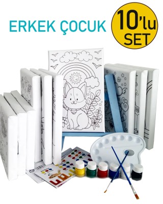 10'lu Erkek Çocuk Ressam Seti - 10 Ad. 20 x 30 cm Önçizimli Tuval, 2 Ad. Fırça, Palet, Boya & Şövale