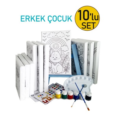 10'lu Erkek Çocuk Ressam Seti - 10 Ad. 20 x 30 cm Önçizimli Tuval, 2 Ad. Fırça, Palet, Boya & Şövale